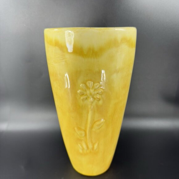 Antique Tall Yellow Pottery Vase Embossed Flower USA Hand Made Vase Vessel VTG - Picture 16 of 16